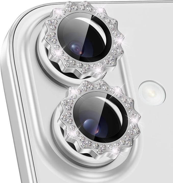 Xfilm for iPhone 16/16 Plus Camera Lens Protector Bling Individual Sun Design Diamond Ring 9H Hardness Scratchproof Protector, Stylish Phone Accessories, Case Friendly (Silver)