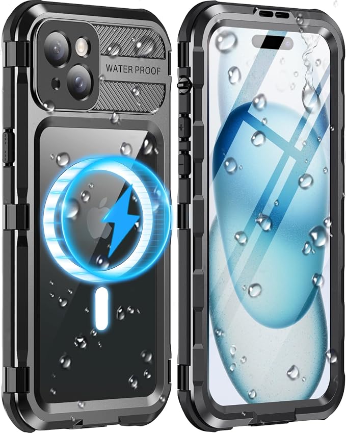 WIFORT for iPhone 15 Waterproof Case - Metal Full Body Protection Case Built-in [Screen Protector][IP68 Water Proof][14FT Military Grade Dropproof][Compatible with MagSafe] Phone Cover, 6.1" Black