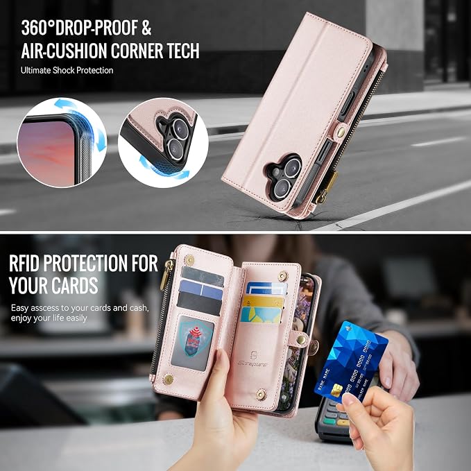 Strapurs for iPhone 16 Detachable Wallet Case Compatible with Magsafe for Women, RFID Blocking 9-Card Holder Zipper Wrist Strap Lanyard PU Leather Magnetic Phone Case for iPhone 16 6.1", Rose Gold