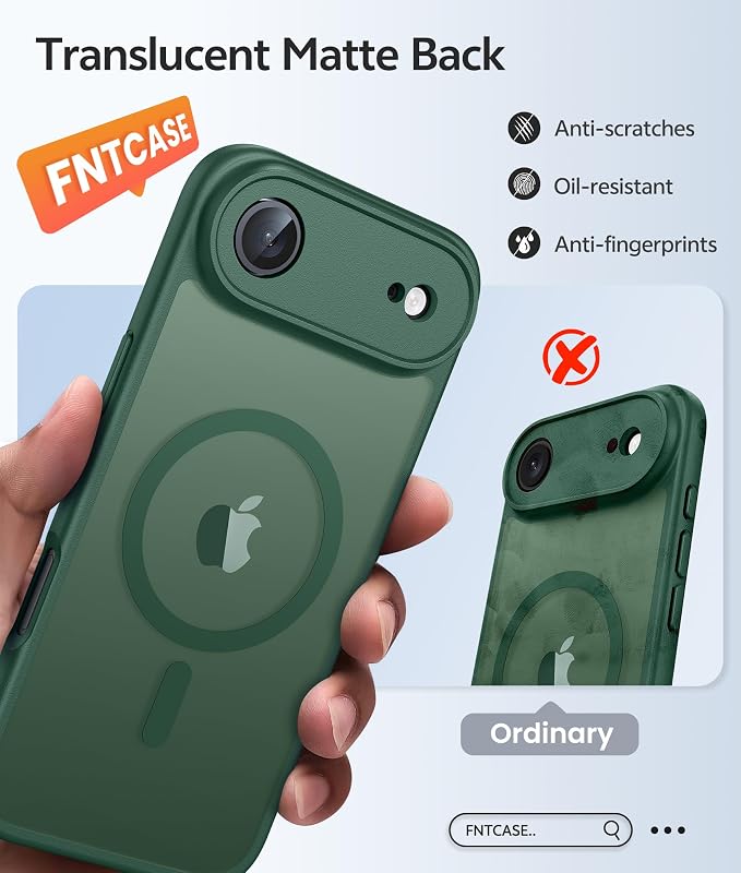 FNTCASE for iPhone Air Case: [Compatible with Magsafe] Translucent Matte Cases with [Full Camera Protection] [Screen Protector] Military Grade Shockproof Protective Phone Cover - Green