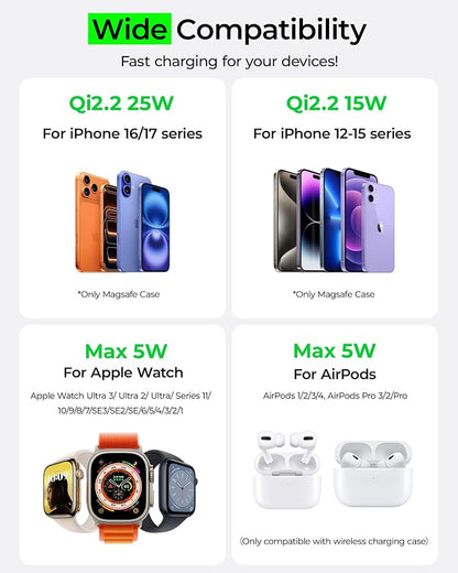 3 in 1 Charging Station for Apple - Qi2.2 25W Magnetic Wireless Charger for iPhone 17/16-12, Apple Watch, AirPods, Travel Fast Charging Foldable Stand with 45W GaN Adapter, Aluminum Alloy Design