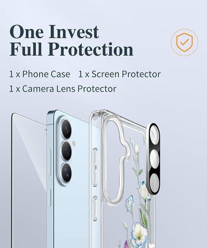 GVIEWIN for Samsung Galaxy S26 Case, Clear Floral Slim Shockproof Protective Women Phone Case, Non-Yellowing, with Screen Protector & Camera Lens Protector for Galaxy S26 6.3", Aquilegia/White
