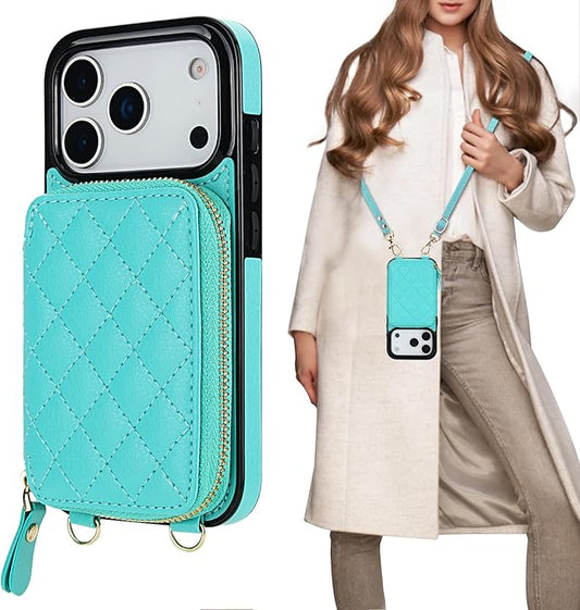 Bocasal Crossbody Wallet Case for iPhone 17 Pro, RFID Blocking PU Leather Zipper Handbag Purse Flip Cover, Kickstand Folio Case with Card Slots Holder Wrist Strap Lanyard 5G 6.3 Inch (Mint Green)