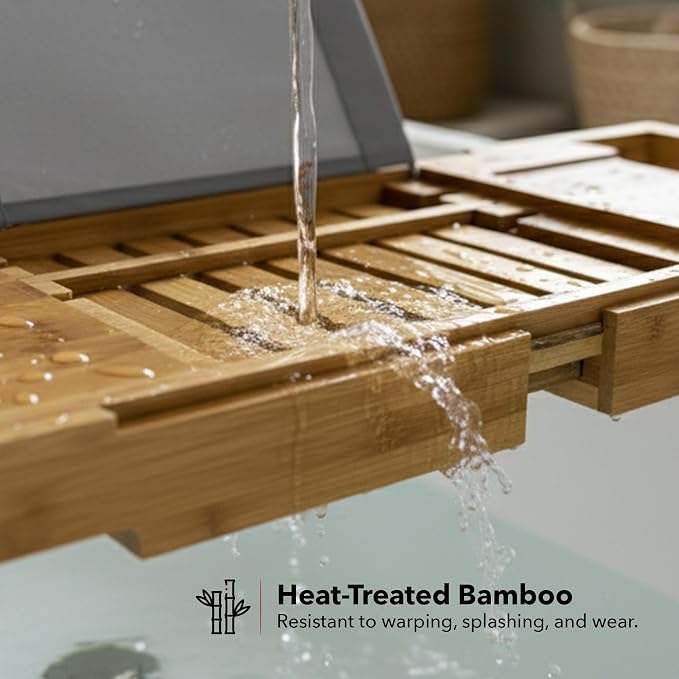 OVENTE Bathtub Tray Caddy, Expandable Bamboo Bath Tray Table, Wooden Tub Board with Books, Tablets, Phone and Wine Glass Holder, Bathroom Accessories and Home Spa Essentials, Wood BTC20228