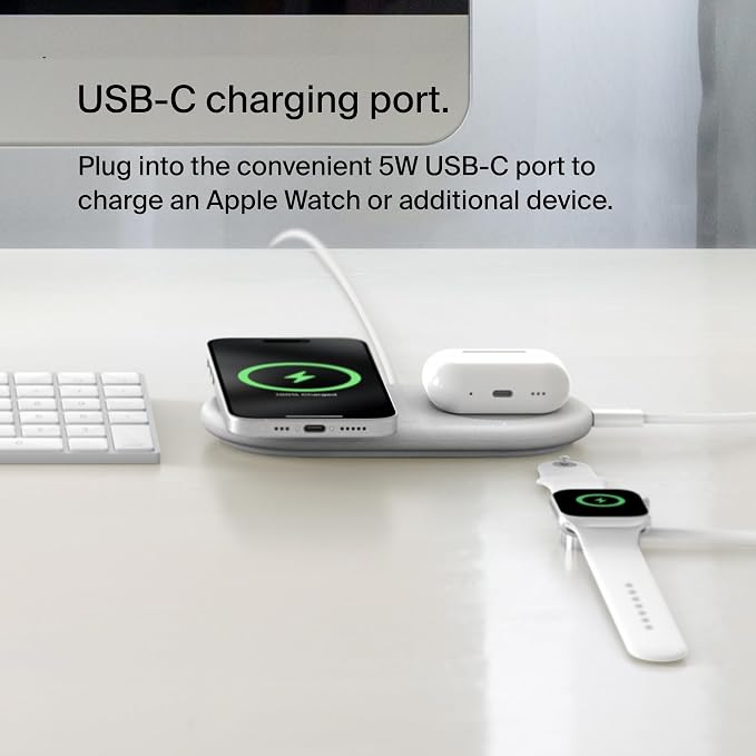 Belkin 2-in-1 Wireless Charging Pad w/ Qi2 15W + Additional USB-C Port - MagSafe-Compatible Charger, Charging Station for iPhone 16 & 15 Series, Samsung Galaxy S25 Series, AirPods, & More - White