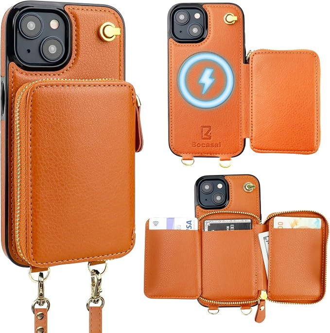 Bocasal for MagSafe Crossbody Wallet Case Compatible with iPhone 15, RFID Blocking Protective Purse Case with Card Slots Holder Kickstand Wrist Strap Lanyard Zipper 6.1 Inch 5G (Brown)