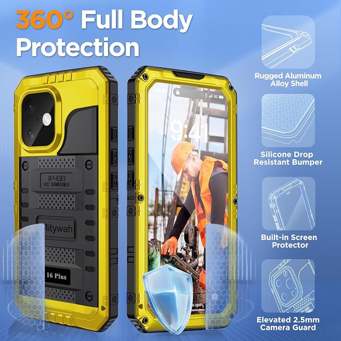 Mitywah Waterproof Case for iPhone 16 Plus, Shockproof Heavy Duty Case with Built-in Screen Protector, Underwater Full Body Protective Metal Case 6.7 inch, Yellow