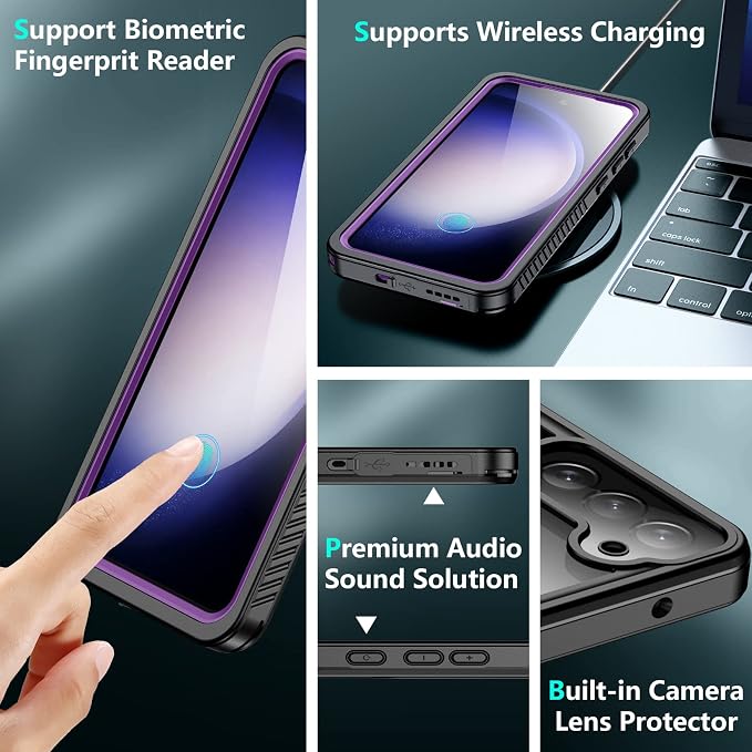 SPIDERCASE Designed for Samsung Galaxy S23 Plus Case Waterproof,Built-in Screen & Camera Lens Protector[IP68 Underwater][Military Grade Shockproof] Full Body Protection Phone Case, Purple/Clear