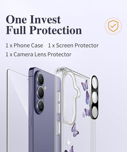 GVIEWIN for Samsung Galaxy S26 Plus Case, Clear Floral Slim Shockproof Protective Women Phone Case, Non-Yellowing, with Screen Protector&Camera Lens Protector for S26 Plus 6.7", Alluring Butterfly