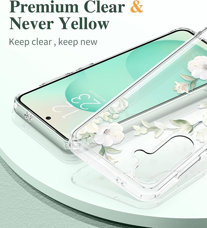 GVIEWIN for Samsung Galaxy S25 Case, Clear Floral Slim Shockproof Protective Women Phone Case, Non-Yellowing, with Screen Protector & Camera Lens Protector for Galaxy S25 6.2", Hibiscus/Green