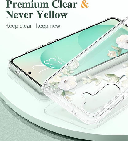 GVIEWIN for Samsung Galaxy S25 Case, Clear Floral Slim Shockproof Protective Women Phone Case, Non-Yellowing, with Screen Protector & Camera Lens Protector for Galaxy S25 6.2", Hibiscus/Green