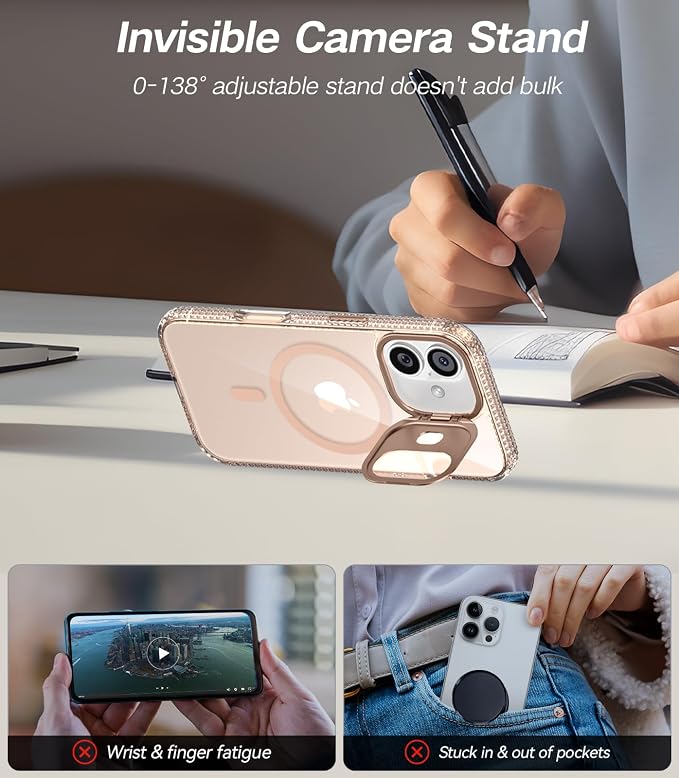 [Upgraded] for iPhone 16 Case with Camera Cover Stand [Fit for MagSafe][9H Camera Lens Protector] Mil-Grade Protection Transparent Magnetic iPhone 16 Phone Case, Clear Gold