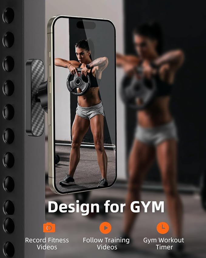 Dual Magnetic Phone Holder for Gym – 360° Rotating Gym Phone Mount Holder for MagSafe, Strong Magnets Cell Phone Holder Compatible with iPhone 16/15/14/13/12 Series Hands-Free Videos(921001)