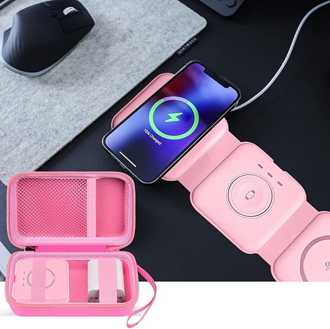 ANKHOH Travel Case for UCOMX for Nano/for Iseyyox/for LISEN/for RTOPS 3 in 1 Wireless Charger, Foldable Magnetic Charging Station Storage Holder Bag for Fast Charge Pad Cable Adapter, Pink-Box Only