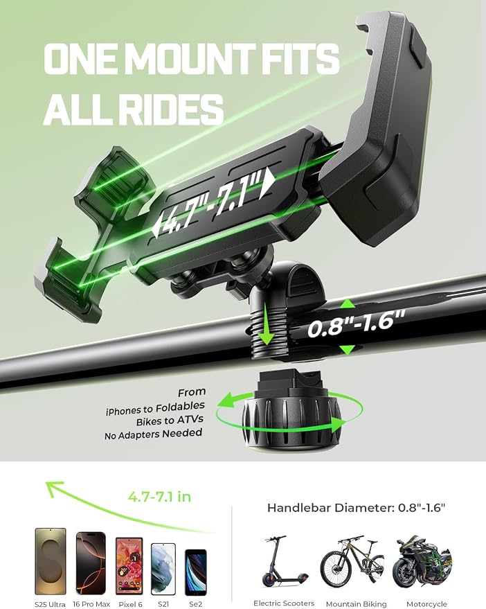 LISEN 2026 Bike Phone Holder, [Anti-Vibration] Motorcycle Phone Mount, Bicycle Phone Holder, Handlebar Phone Mount Scooter Ebike Accessories Bicycle Accessories for iPhone Samsung Google Pixel, Black