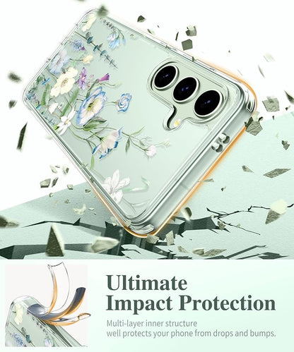 GVIEWIN for Samsung Galaxy S25 Case, Clear Floral Slim Shockproof Protective Women Phone Case, Non-Yellowing, with Screen Protector & Camera Lens Protector for Galaxy S25 6.2", Aquilegia/White