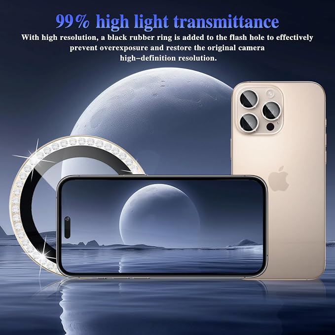 ShinKin Camera Lens Protector for iPhone 16 Pro/iPhone 16 Pro Max, Glitter Camera Cover, 9H Tempered Glass Individual Metal Ring Camera Protector for iPhone 16 Pro/16 Pro Max (Diamond - Titanium Gold)
