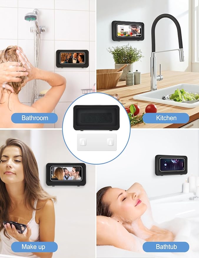 KUNSLUCK Shower Phone Holder Waterproof Anti-Fog Touch Screen Wall Mount Phone Holder for Shower Bathroom Mirror Bathtub (Black)