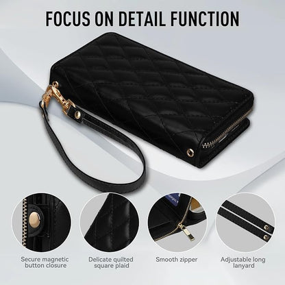 Rssviss Crossbody Case for iPhone 17 Case Wallet, RFID Blocking Leather with Card Holder Kickstand, Handbag Zipper Flip Cover with Wrist Strap for iPhone 17 Men Women 6.3", Black