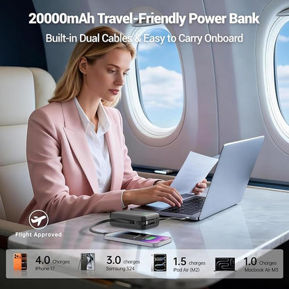 Hichain 20,000mAh 35W Power Bank Fast Charging Portable Charger Gray | for iPhone 17/16/15/14/13, iPad, Android, LED Display 4 Outputs Battery Pack Built in Dual Cables Portable Travel Charger