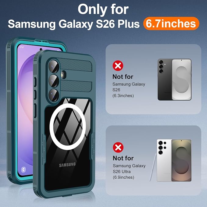 GOLDJU for Samsung Galaxy S26 Plus Case Waterproof, S26 Plus Case with Built-in Screen & Lens Protector, Shockproof Full Body Protection Phone Case, Compatible with MagSafe/Wireless Charging, Blue