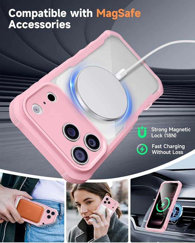 seacosmo for iPhone 17 Pro Case, Full Body Bumper with Built-in Tempered Glass Screen Protector and Camera Lens Protection, Compatible with MagSafe, Shockproof 17 Pro Phone Case, 6.9", Pink