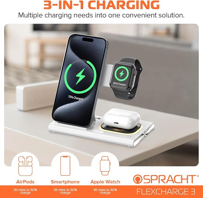 Spracht Flex Charge 3-3 in 1 Charging Station, Portable Charging Station for Smartphones, Smart Watches, Earbuds – 25W Fast Wireless Charger Stand Night Light – Foldable Travel Charger 3 in 1 (White)