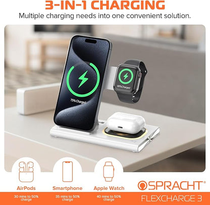 Spracht Flex Charge 3-3 in 1 Charging Station, Portable Charging Station for Smartphones, Smart Watches, Earbuds – 25W Fast Wireless Charger Stand Night Light – Foldable Travel Charger 3 in 1 (White)