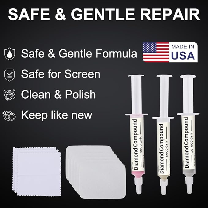 Scratch Remover for Phone Screen, Watches & Tablets, Safe, Touch-Friendly, Watch Scratch Remover Kit Includes 3 Diamond Polishing Compounds, 6 Polishing Cloths & 3 Cleaning Wipes