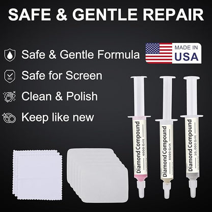 Scratch Remover for Phone Screen, Watches & Tablets, Safe, Touch-Friendly, Watch Scratch Remover Kit Includes 3 Diamond Polishing Compounds, 6 Polishing Cloths & 3 Cleaning Wipes