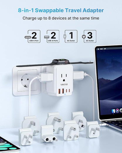 Universal Travel Adapter Kit for Apple Watch Charger, VINTAR International Power Adapter with 3 AC Outlets 4 USB Ports (2 USB C), Type A/B/C/D/G/I/M Detachable Plugs, US to Europe/UK/India/Africa