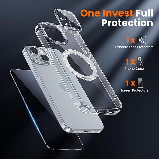 3 in 1 for iPhone 15 Plus Case Stand |Build in Kickstand,Screen Protector *1 & Camera Lens Protector*1, Not Yellowing, Fits MagSafe, Military-Grade Protection