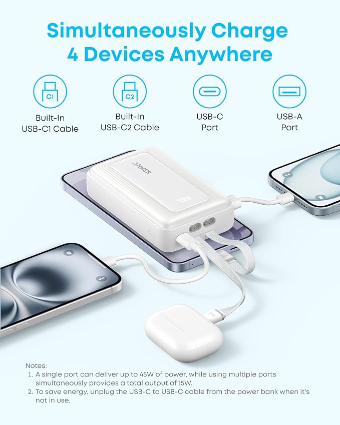 Anker Zolo Power Bank (2025 Upgraded Version), 45W Max Fast Charging, 20,000mAh Battery Pack, Dual Built-in USB-C Cables, USB-C&A Port, for iPhone 17/16 Series, Galaxy, MacBook, and More
