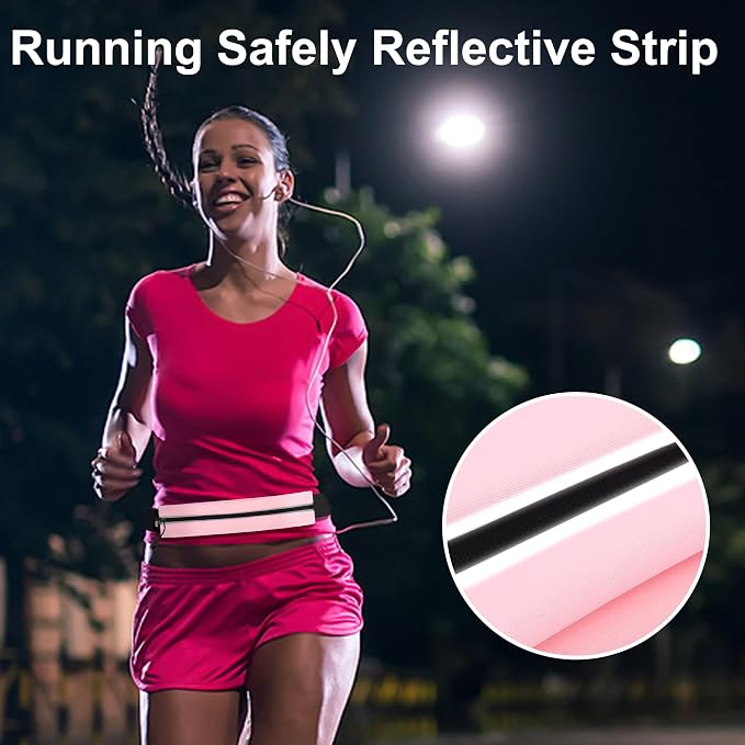 Slim Running Belt For Men and Women Waist Fanny Pack Phone Holder Pouch Bag Reflective Zipper Pocket Workout Cycling Fitness Light Pink