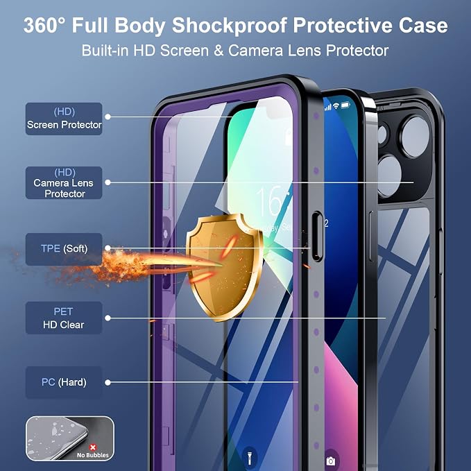 SPIDERCASE for iPhone 13 Case Waterproof, Built-in Lens & Screen Protector, Full Heavy Duty Protection, 12FT Military Shockproof, Dustproof, Anti-Scratched Phone Case,Purple