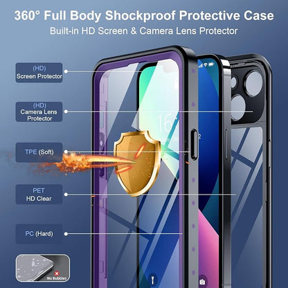 SPIDERCASE for iPhone 13 Case Waterproof, Built-in Lens & Screen Protector, Full Heavy Duty Protection, 12FT Military Shockproof, Dustproof, Anti-Scratched Phone Case,Purple
