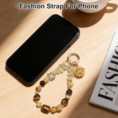 TEAMOLA Natural Stone Phone Charm, Handmade Crystal Cellphone Chain for Universal, Beaded Healing Anti Theft Phone Wrist Strap with Tether Tab, Citrine & Tiger's Eye & Aromatic Ball Pendant