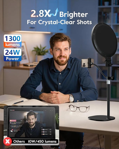 1300 Lumens Ring Light with Stand for Desk, Computer & Laptop – Podcast & Streaming Light with Flexible Phone Holder, CRI 98+ Bright Yet Soft Influencer Light for Video Recording, Conference & Calls