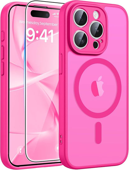FNTCASE for iPhone 15 Pro Max Case: [Compatible with Magsafe] Translucent Matte Cases with [Full Camera Protection] [Screen Protector] Military Grade Shockproof Protective Phone Cover - Hot Pink