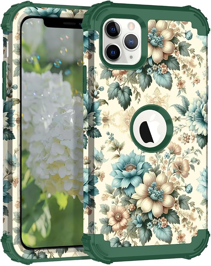 Hocase for iPhone 11 Pro Max Case, Heavy Duty Shockproof Protection Soft Silicone Rubber Bumper+Hard Plastic Hybrid Protective Case for iPhone 11 Pro Max (6.5" Display) 2019 - Teal Blue Flowers