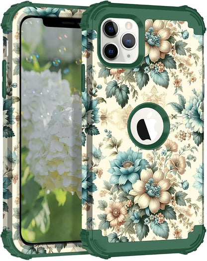 Hocase for iPhone 11 Pro Max Case, Heavy Duty Shockproof Protection Soft Silicone Rubber Bumper+Hard Plastic Hybrid Protective Case for iPhone 11 Pro Max (6.5" Display) 2019 - Teal Blue Flowers