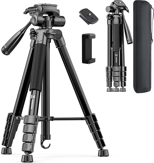 73" Camera Tripod Stand, Aluminum Tripod with Phone Holder, Travel Bag, Compatible with GoPro/DSLR/Cell Phone/Camcorder, Max Load 8.8LB (Black)