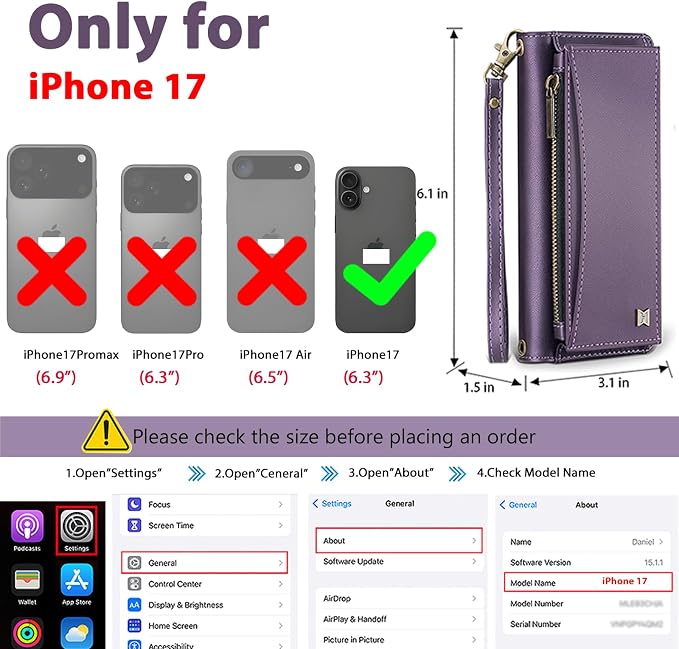 Wallet Case for iPhone 17 with Card Holder/Crossbody Wallet/Strap,[RFID Blocking][Magnetic] PU Leather Phone Case for iPhone 17,6.3 in,Purple