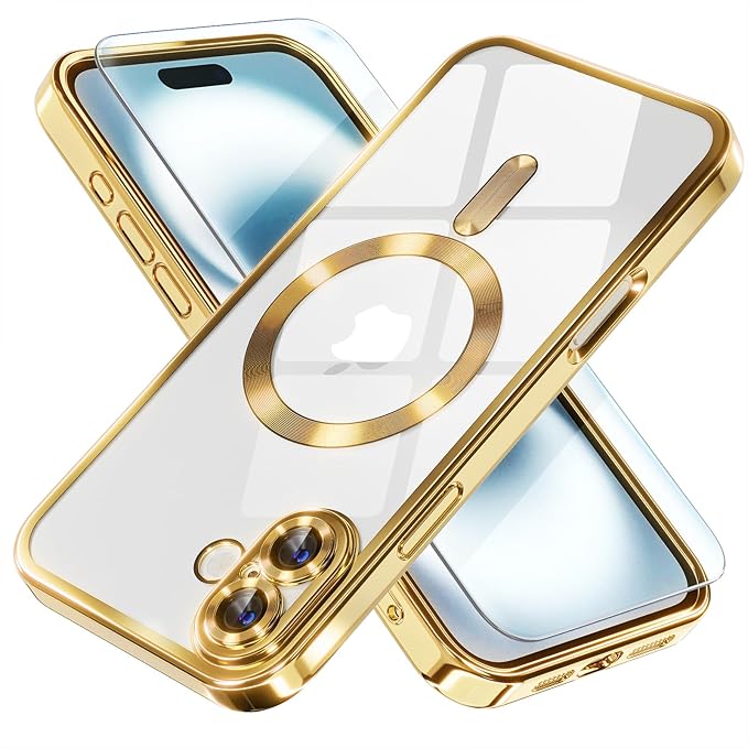 Misea Magnetic for iPhone 16 Case Compatible with MagSafe [Never Yellowing] [Military Grade Drop Protection] Full Camera Lens Protector Plating Soft Clear Phone Case for Women 6.1 inch, Gold