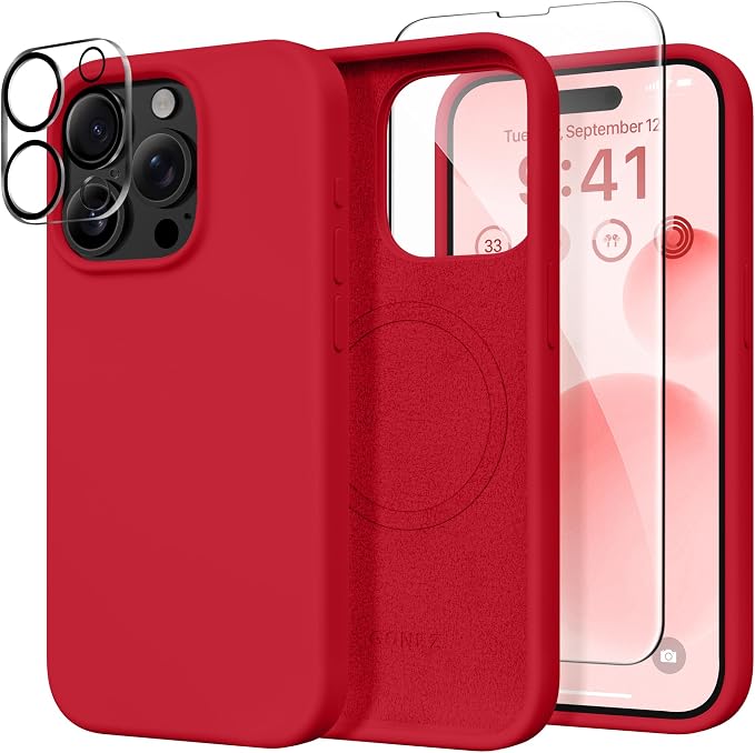 GONEZ Magnetic for iPhone 15 Pro Case, Compatible with MagSafe, [Screen Protector + Camera Lens Protector], Silicone Shockproof Anti-Scratch Protective Phone Case 6.1 inch, Red