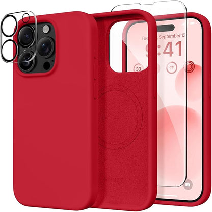 GONEZ Magnetic for iPhone 15 Pro Case, Compatible with MagSafe, [Screen Protector + Camera Lens Protector], Silicone Shockproof Anti-Scratch Protective Phone Case 6.1 inch, Red