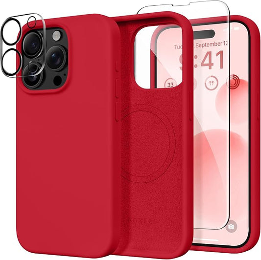 GONEZ Magnetic for iPhone 15 Pro Case, Compatible with MagSafe, [Screen Protector + Camera Lens Protector], Silicone Shockproof Anti-Scratch Protective Phone Case 6.1 inch, Red