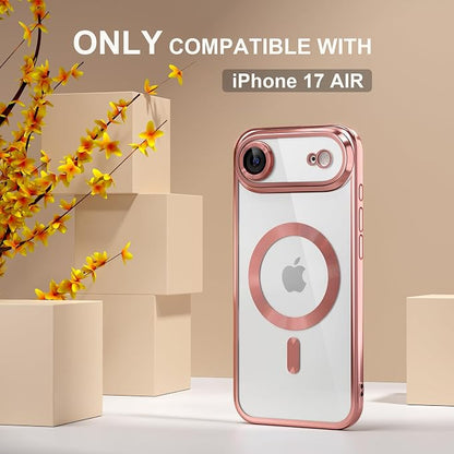 Misea Magnetic for iPhone 17 Air Case Compatible with MagSafe [Never Yellowing] [Military Grade Drop Protection] Full Camera Lens Protector Plating Soft Clear Phone Case for Women, Pink