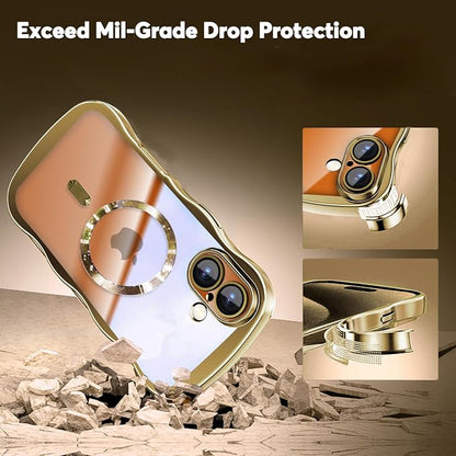 Misscase for iPhone 17 Case with Privacy Screen Protector,Compatible with MagSafe,Cute Wave Frame Anti-Scratch Case with Camera Lens Protector Plating Bling Case for iPhone 17 6.3" Women Gold