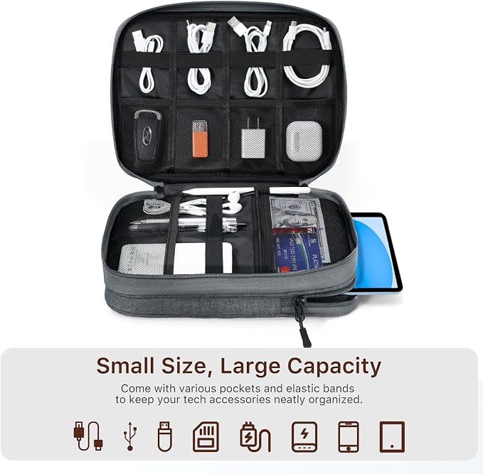 Dadanism Electronics Travel Organizer Case, Double Layers Cord Organizer | Travel All-in-One Storage Bag for Cable, Cord, iPad, Chargers, fits 9-11'' Tablets, Portable Tech Accessories Bag, Space Gray